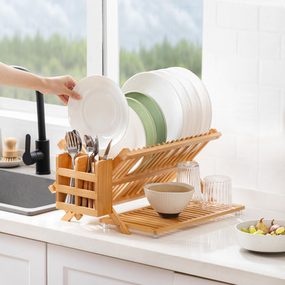 Oyydecor Bamboo Dish Drying Rack with Utensil Holder, 3 Tier Collapsible Dish Rack for Kitchen Counter, Large Folding Drying Holder, Dish Drainer, Kitchen Organizers and Storage