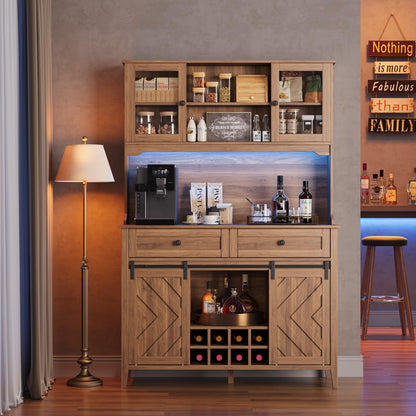 Garvee 72" Farmhosue Bar Cabinet with Sliding Barn Door, Large Kitchen Buffet with Hutch Wine with Charging Station, 2 Drawers, 8 Storage Shelves, LED Rustic Coffee Bar for Dining