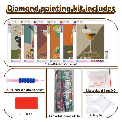 Ycydilirab 6 Pack Diamond Art Kits for Adults,Cocktail 5D Diamond Painting Kits for Adults,DIY Gem Painting Perfect for Gifts and Home Wall Decor 10x12inch