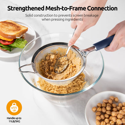 U-Taste Medium Fine Mesh Strainer: 18/8 Stainless Steel 4.73in 30 Mesh Kitchen Food Sieve with Sturdy Riveted Silicone Handle, Heavy Duty Deep Handheld Metal Colander for Rice, Quinoa(Midnight Blue)