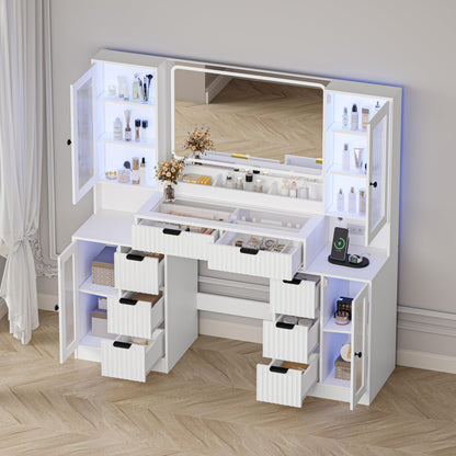Fluted Makeup Vanity Desk with Mirror and Lights, 55" Glass Top Vanity with 8 Drawers & 4 RGB Glass Cabinets, Adjustable Shelves & Power Outlet, Modern Dressing Table Set for Women Girls Bedroom