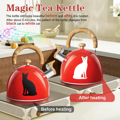 ARC Stainless Steel Red Whistling Tea Kettle, Magic Color Changing Design 2-Quart Stovetop Kettle Whistle Teapot with Folding Cup & Trivet Mat