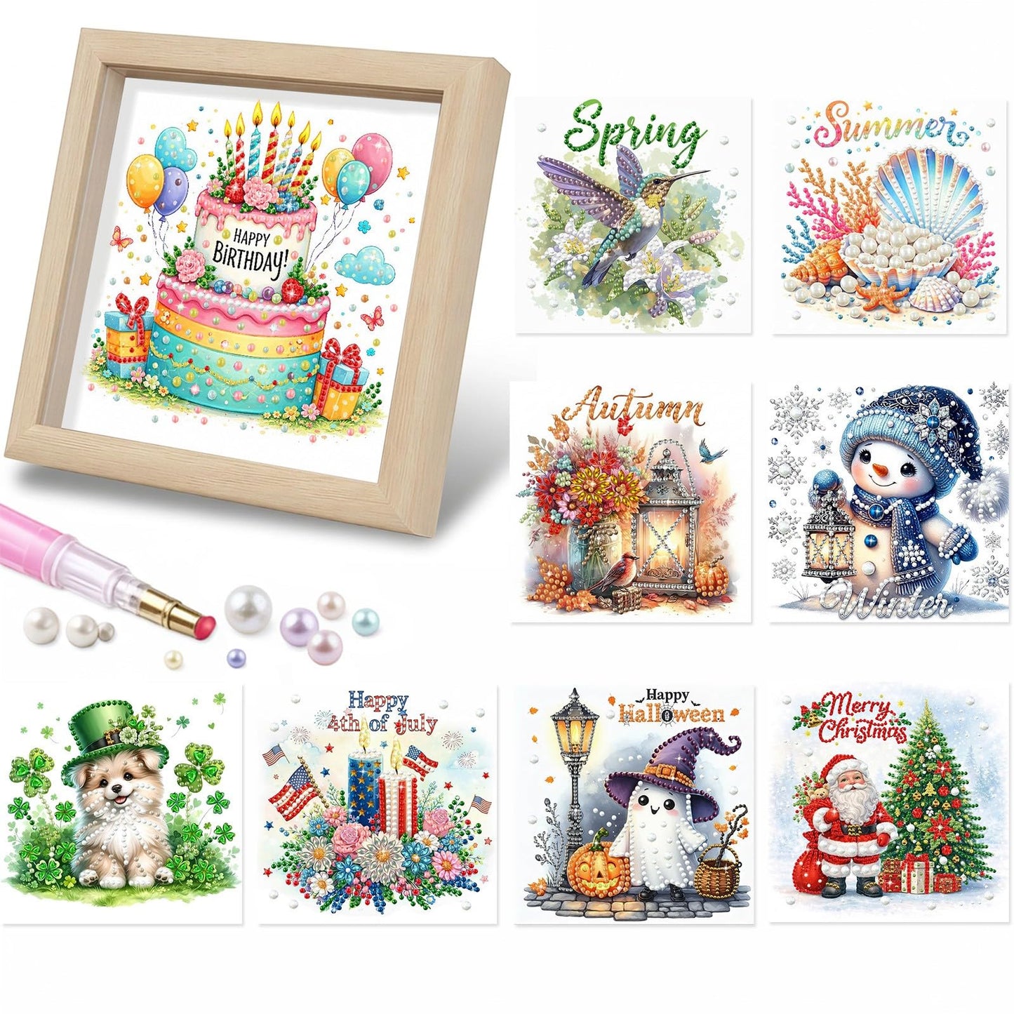 DIYDeligths 9Pcs Interchangeable Seasonal Holiday Pearl Painting Kit DIY Diamond Art Craft Wood Frame for Home Desktop Wall Decor (Seasons Festivals)