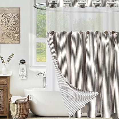 ASPMIZ Farmhouse Shower Curtain and Liner Set, No Hook Shower Curtain with Snap in Liner Fabric, Rustic Washable Waterproof Bathroom Curtains with Button, Mesh Top Window, Brown Striped, 71"x 74"