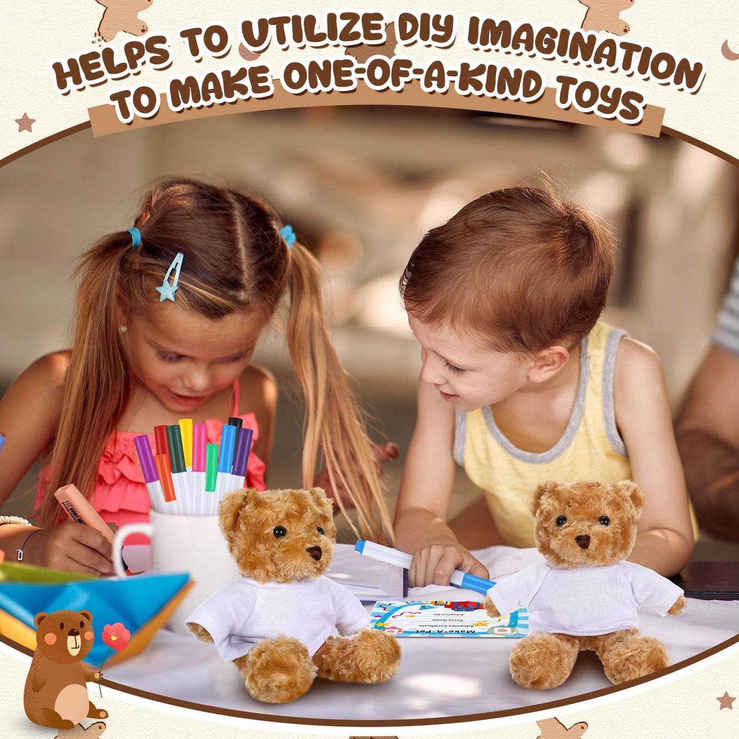 Blueweenly 20 Pcs 5 Set Graduation Make Your Own Stuffed Animal Teddy Bear Kit Including 5 9.84 Inches Velvet Animal with T Shirts and Markers for Graduates DIY Craft Gift(Brown,Bear)