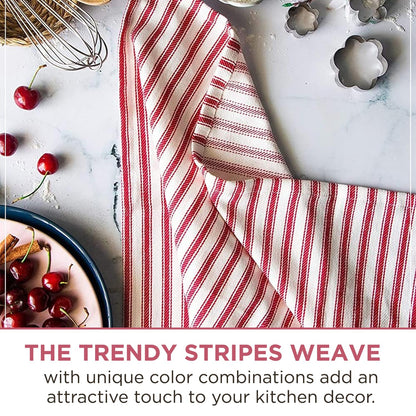 Candy Cottons Stripe Kitchen Dish Towels With Hanging Loop - Boho Absorbent Festive Gift Set of 6 - Reusable 18x28 Inch Pantry Decor - Trendy Spring French Red
