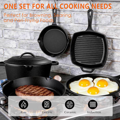 Asderote 6 Piece Pre-Seasoned Cast Iron Cookware Set – Incl. 5QT Dutch Oven with Lid, 8'' and 10.25'' Cast Iron Skillets, 10.5'' Round Griddle, and a Square Grill Pan for Kitchen, Stovetop, & Camping