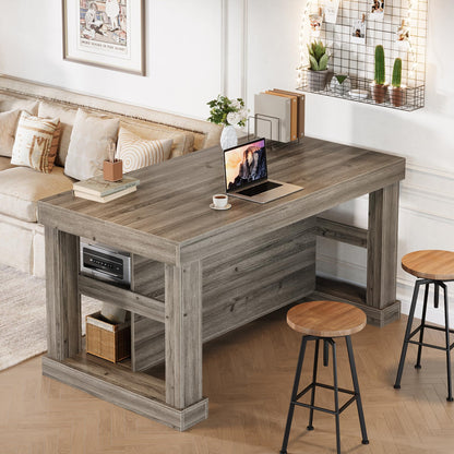 Tribesigns 55" Kitchen Island with Seating and Storage, 3-Tier Farmhouse Wood Stationary Island Table with Large Worktop & Leg Room, Coffee Bar Table with Storage Shelves for Kitchen, Grey