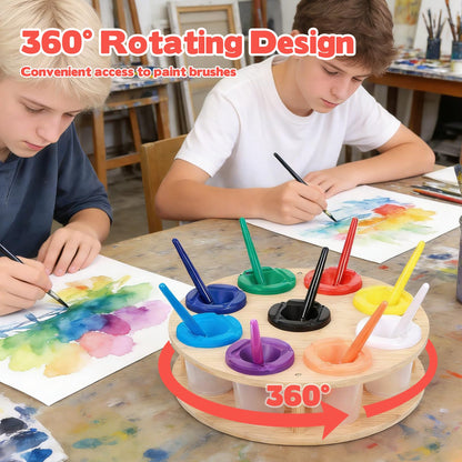 Painting Cups with Rotating Holder 9pcs No Spill Paint Cup with Colored Lids Paintbrushes Waterproof Smock Spill Proof Art Painting Containers Supplies
