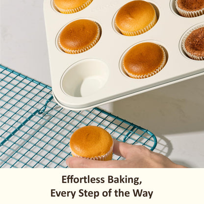 CAROTE 6-Piece Ceramic Baking Pans Set, Aluminized Steel Bakeware Sets, Toxin-Free Nonstick Stackable Oven Pans with Cookie Sheet, Muffin Pan, Loaf Pan, Round & Square Cake Pan, Cooling Rack