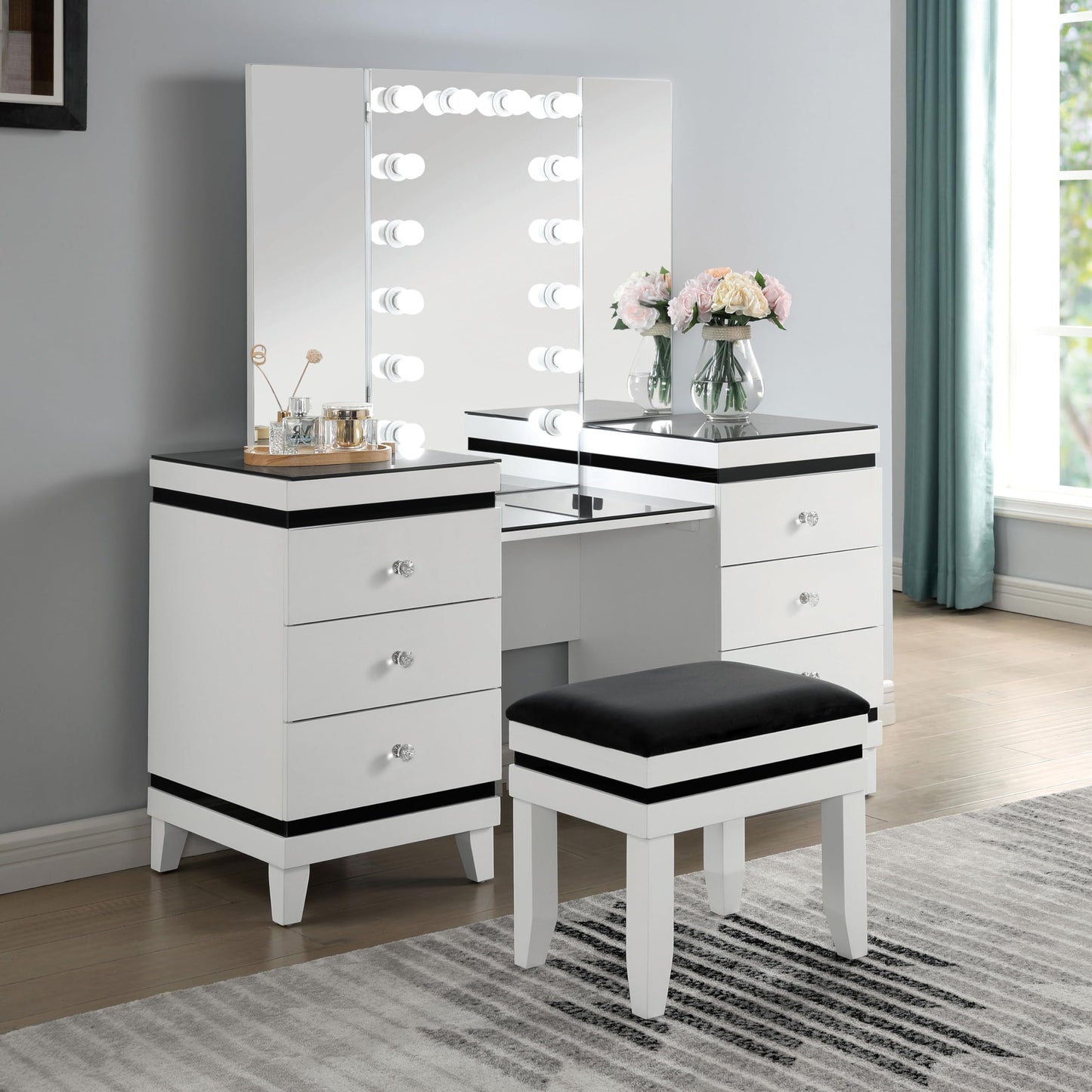 Furniture of America Oleah Solid Wood 3-Piece Vanity Set with Black Padded Stool and Light Bulbs Mirror, Felt-Lined Top Drawer for Bedroom, Guest Room, White