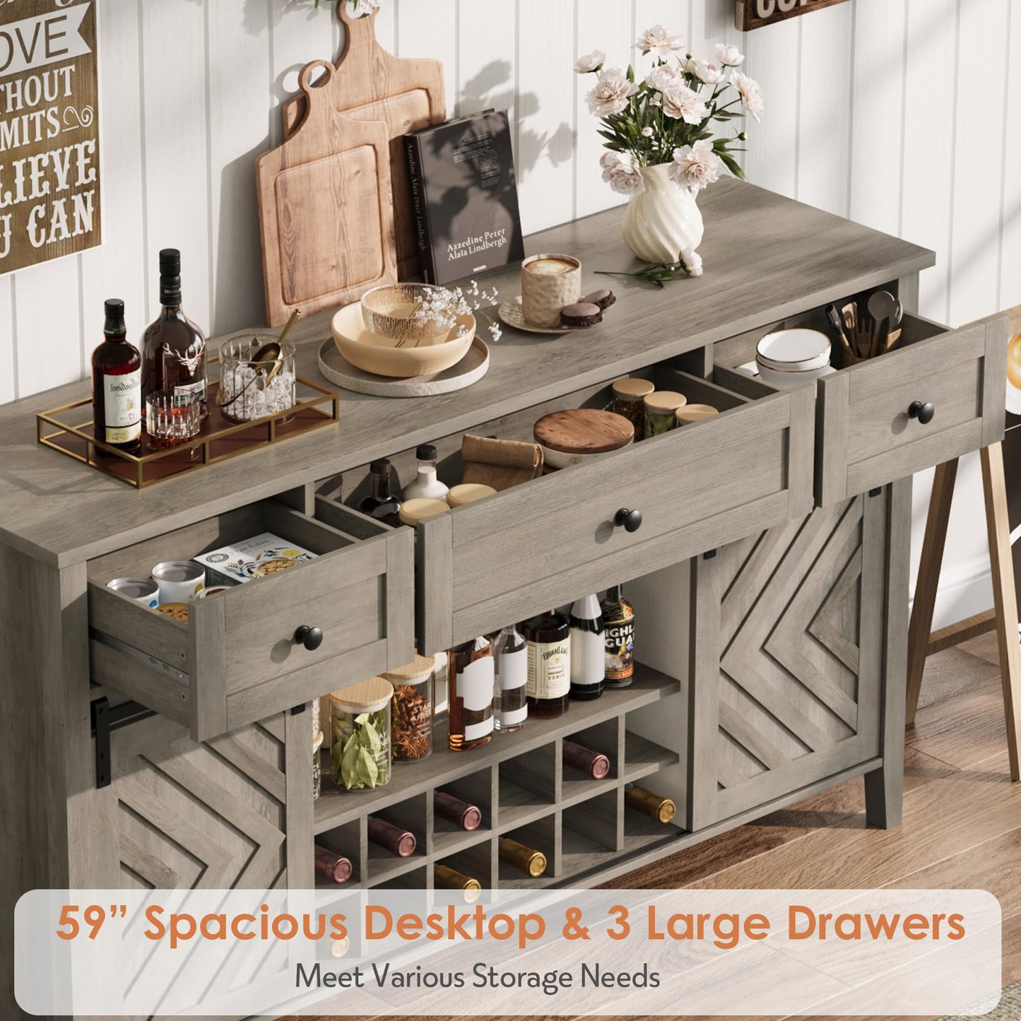 IDEALHOUSE 59'' Farmhouse Buffet Cabinet with Sliding Barn Door, 33.4'' Tall Wood Rustic Sideboard with 3 Drawer, Adjustable Shelf and Removable Wine Rack for Dining Room, Kitchen, Vintage