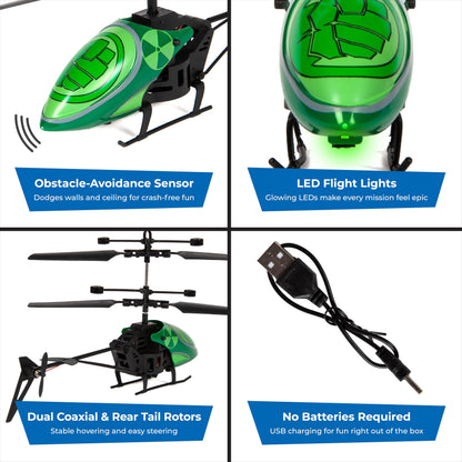 Marvel Hulk RC Helicopter – Easy‑Fly Remote Control Helicopter with LED Lights, Durable Body, Coaxial & Rear Rotors – Kids 8+