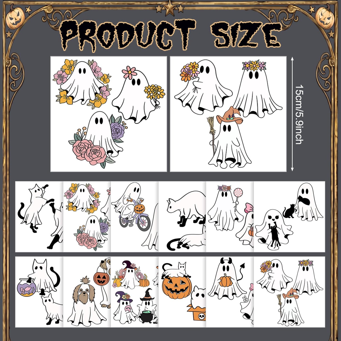 Harloon 15 Sheets Halloween Classical Ghost Rub on Transfers for Crafts Furniture Wood Ornaments Ghost and Cat Dog Stickers Rub on Decals for Halloween Scrapbook DIY Wood Fabric Journal Envelope