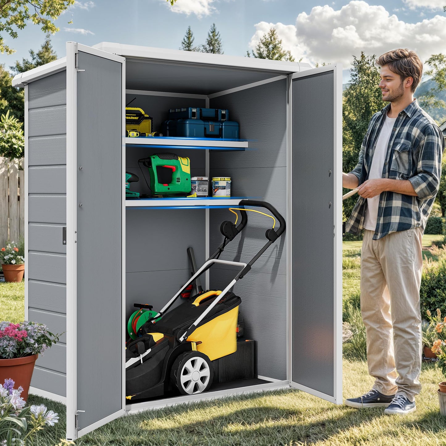 DWVO 4.3x2x5.5ft Outdoor Vertical Storage Shed with 2 Shelves, 50 Cu Ft Waterproof Resin Garden Shed with Lockable Door, Plastic Tall Tool Cabinet for Garbage Cans, Lawn Garden Supplies (Gray)