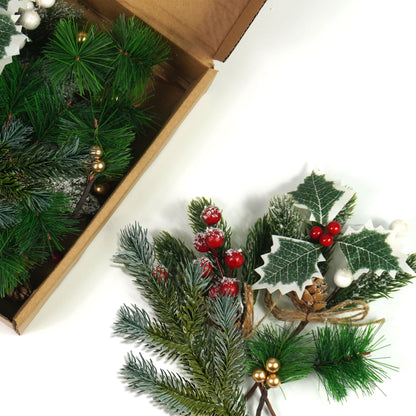 60 Pcs Artificial Green Pine Needles Branches Set Christmas Artificial Holly Red Berry Pinecones with for Christmas Tree House Decorations Christmas Flower Arrangements Wreaths Holiday Supplies (01)