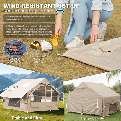 4-6 Person Inflatable Tent for Camping with Stove Jack, Hand Air Pump Easy Setup Blow Up Tents for 4 Seasons Waterproof Inflatable Air House Tent for Outdoor Adult