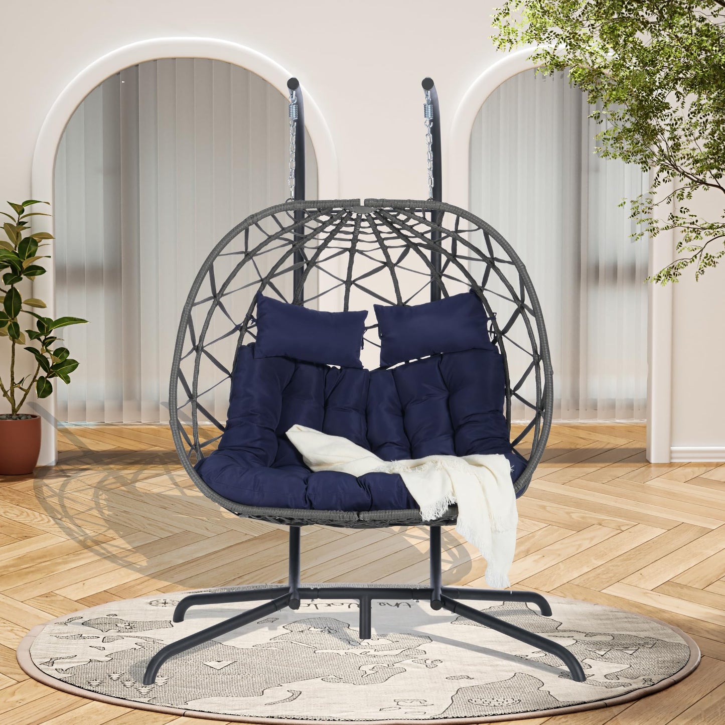 KEIKI Double Swing Egg Chair with Stand, Patio Rattan Wicker Hammock Egg Chair with UV Cushion, 2 Person Outdoor Indoor Hanging Basket Chair, 600LBS Capacity for Balcony, Dark Blue and Gray
