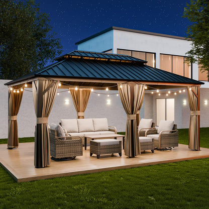 EAGLE PEAK 12x18 Hardtop Gazebo, Galvanized Steel Double Roof with Aluminum Frame, Outdoor Pavilion with Netting and Curtains for Patio, Deck, Lawn and Garden, Dark Brown/Tan