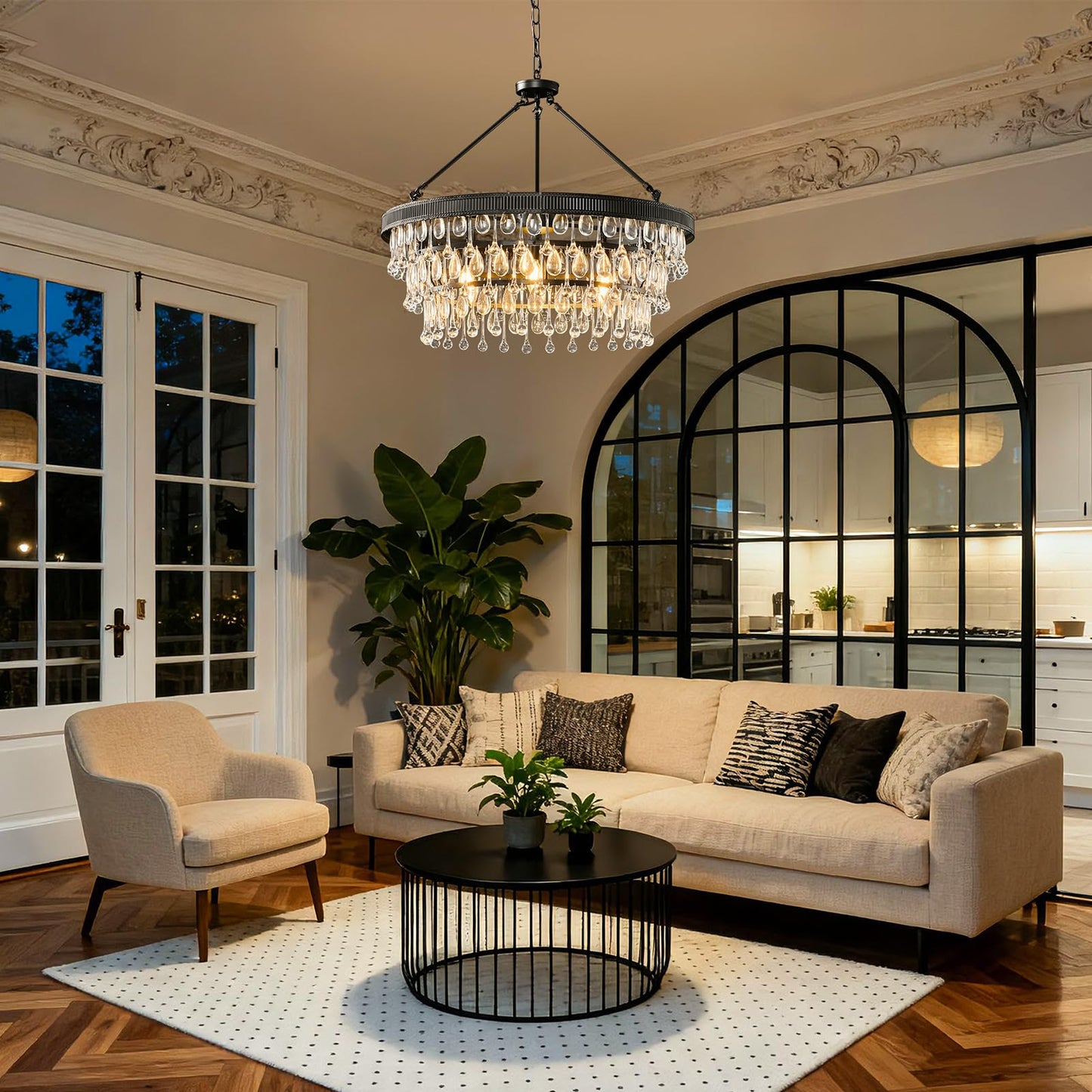 Black Modern Raindrop Crystal Chandelier: 28" Round K9 Crystals Contemporary Chandeliers for Dining Room Lights over Table - Adjustable Large Light Chandelier for Bedroom Living Kitchen Entryway Foyer