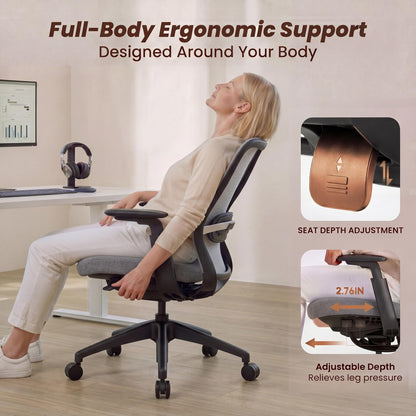 COLAMY Office Chair for Long Hours, Easy Wire-Control Desk Chair with Sliding Seat Depth & Thick Padded Lumbar Support, Heavy Duty 300 LBS High Back Mesh Computer Chair for Home Workstation,Grey