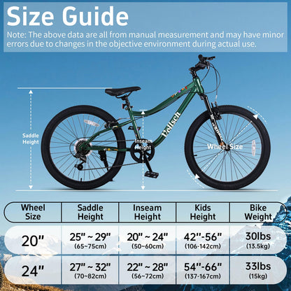 vollsch 24 Inch Kids Mountain Bike for 9-15 Years Old Boys Girls Teens 6-Speed Child MTB Bicycle with Front Suspension Fork, Dark Green