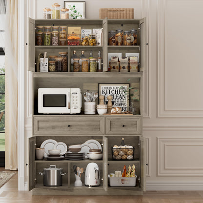 BOTLOG 72" Kitchen Pantry Cabinet, Kitchen Hutch with Microwave Stand, Buffet Cabinet with Hutch for Dining Room, Ash Gray