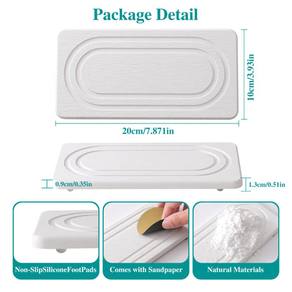 2PCS Water Absorbing Stone Tray for Sink, Quick Drying Diatomite Bathroom Tray Countertop, Stone Drying Mat for Kitchen Counter Faucet, Soap Dish Dispenser Vanity Organizer, White-7.9" x 4"