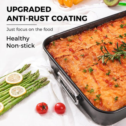 HONGBAKE Lasagna Pan - 3 Inch Deep Nonstick Baking Dish | 15x10" Heavy Duty Oven Roasting Pan, Dark Grey