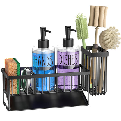 MASADI Kitchen Sink Caddy with Dish Soap Dispenser Set, 12OZ Glass Bottle, Hand and Dish Soap Dispenser Set, Non-Slip Silicone Pad, Brush Holder, Kitchen Sink Organizer Countertop (Black+Clear)