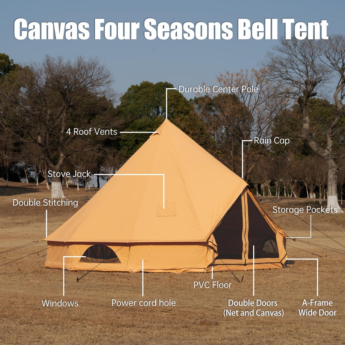 WaldZimmer Canvas Bell Tent Ginger 16.4ft with Stove Jack and Zipped Removable Floor, Luxury Outdoor Glamping Yurt Cotton Tent for Family Truck Car Camping Hunting Party