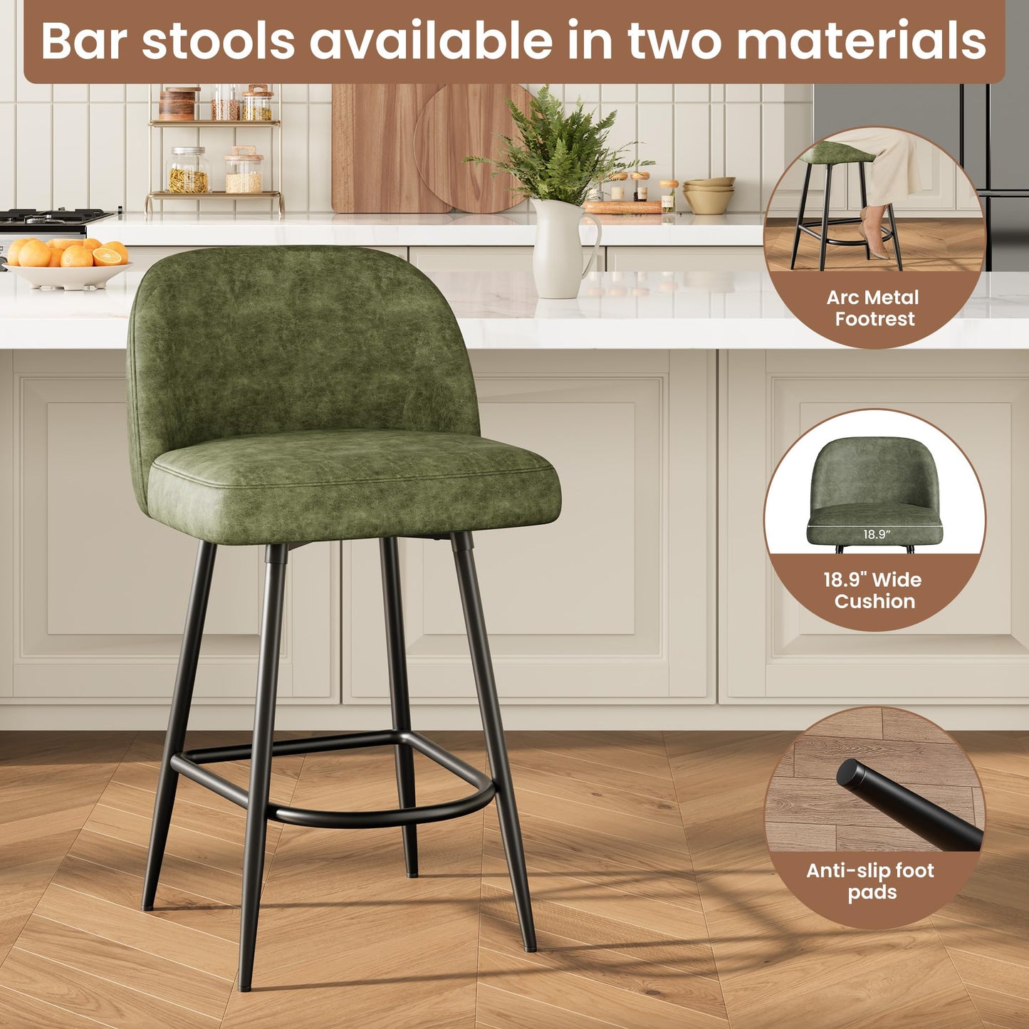 Garvee Bar Stools Set of 4, Leather Upholstered Barstools with Back & Arc Metal Footrest, 26" Modern Kitchen Island Stools with Thickened Metal Legs for Home Bar, Bistro & Dining Area, Green