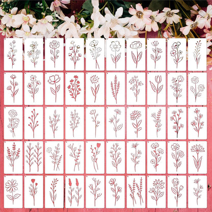 50PCS Flower Stencils for Painting, Small Botanical Stencils for Crafts Reusable, Plastic Drawing Templates for Painting on Wood, Wall, Card, Scrapbooking