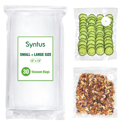 Syntus 30 Reusable Vacuum Sealer Bags for Food, Large 12" x 13" Food Storage Zipper Bags with Air Valve BPA-free Leakproof Keep Food Freshness, Compatible with Compact Vacuum Sealers
