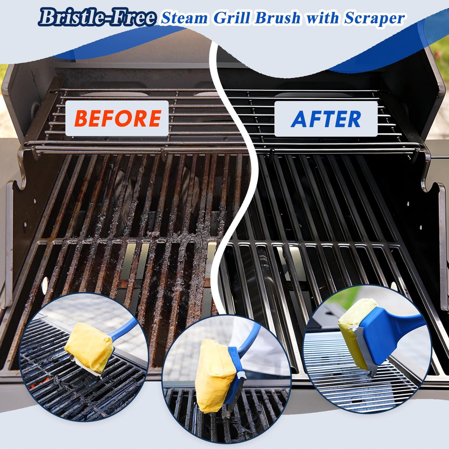 Grill Brush for Outdoor Grill, BBQ Grill Brush Bristle Free, Steam Grill Cleaner with Scraper, Grill Cleaning Brush with Replacement Head, BBQ Grilling Accessories Fit Most Grills, Gifts for Men Dad