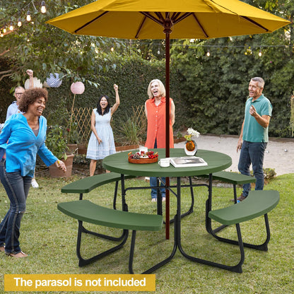 Tangkula 8 Person Picnic Table, Outdoor Round Picnic Table with 4 Built-in Benches, Umbrella Hole, Metal Frame & HDPE Tabletop, Outside Table and Bench Set for Backyard, 2300lbs Weight Capacity