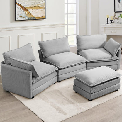 ROWHY Oversized Modular Sectional Sofa with Movable Ottoman, 112 Inch 4 Seat Modern Corduroy Sofa Set, Convertible L Shaped Couch for Living Room and Office, Light Grey