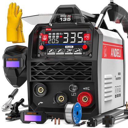 ANDELI 135A MIG Welder 110V/220V, PULSE Flux Core MIG/Lift Tig/Stick 3-in-1 Gasless MIG Welding Machine with Synergy，Large LED Display,2T/4T Full Kit (Bonus Welding Helmet & Gloves)