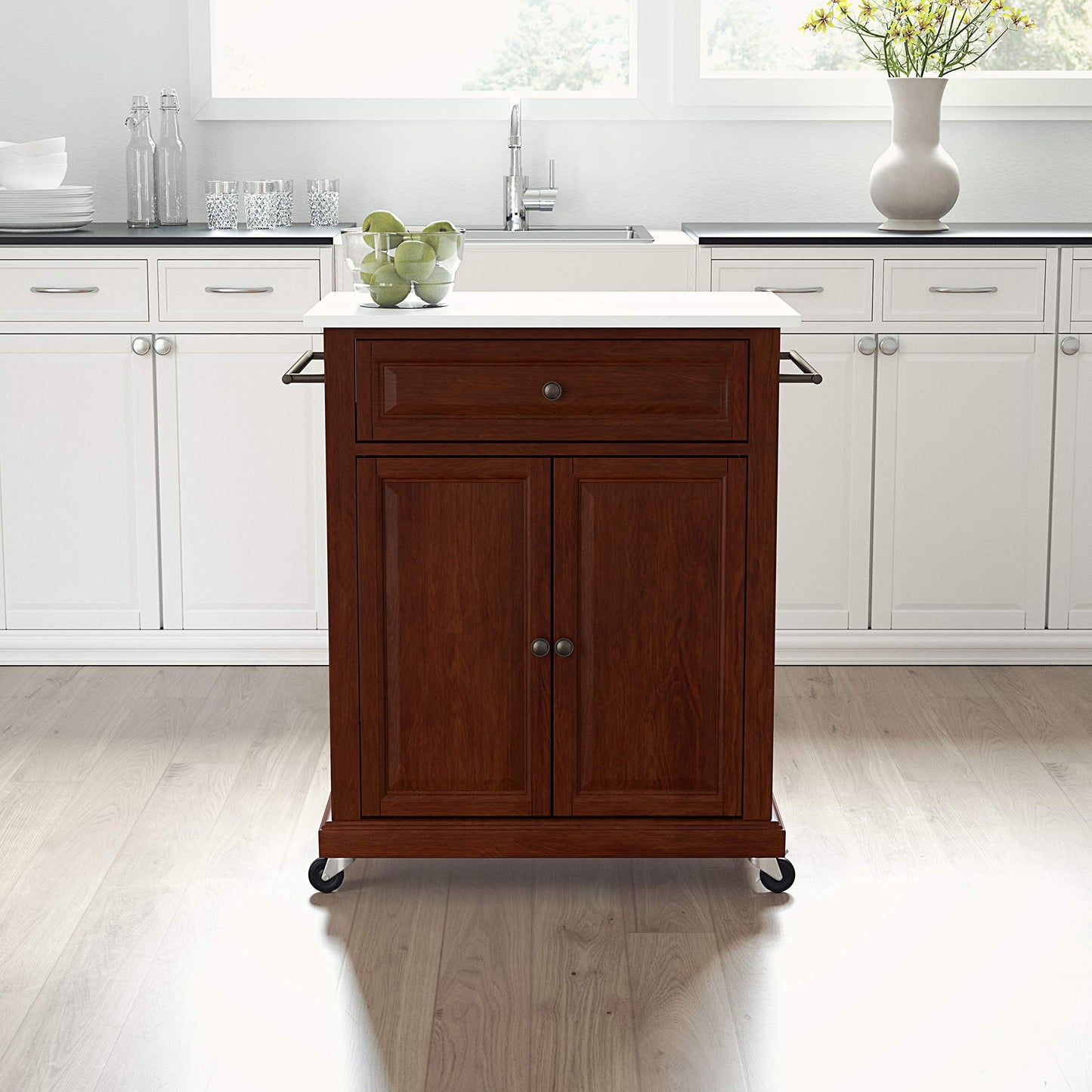 Crosley Furniture Compact Stone Top Small Rolling Cart with Shelves, Microwave Stand with Towel Rack, Mahogany