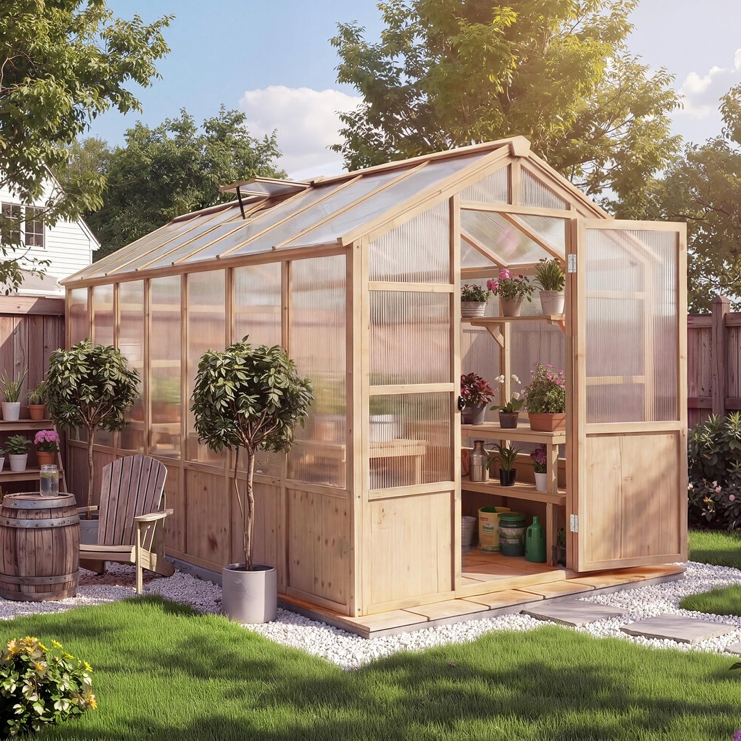 Wooden Greenhouse Kit with 4mm Polycarbonate Panels & 2 Adjustable Ventilation - Heavy Duty Wood Large Outdoor Greenhouse with Lockable Door for Garden, Backyard, Patio, Lawn Walk-in Green House