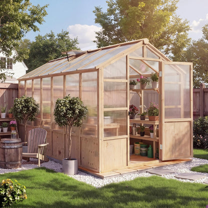 Wooden Greenhouse Kit with 4mm Polycarbonate Panels & 2 Adjustable Ventilation - Heavy Duty Wood Large Outdoor Greenhouse with Lockable Door for Garden, Backyard, Patio, Lawn Walk-in Green House