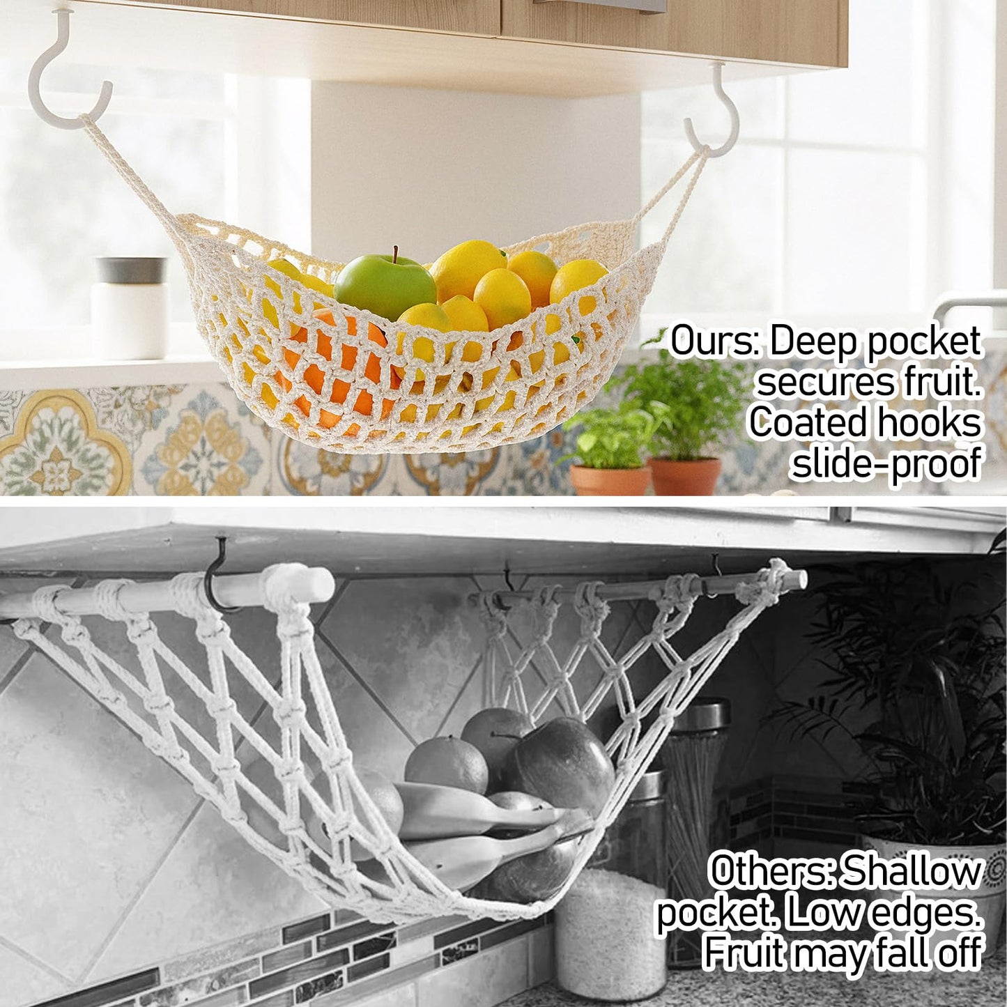 DOPENSPI Fruit Hammock, 22.4×8.7in Fruit Hammock Under Cabinet with 4PCS Hooks Hanging Fruits Basket Fruits Net Woven Boho Banana Holder Veggie Basket Saves Counter for Kitchen Home Boat Rv