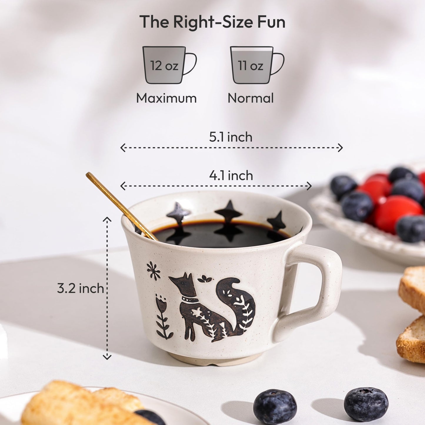 LINVIA Ceramic Coffee Mug, 11 oz Small Novelty Unique Teacup with Handle, Stoneware Cup for Tea Mocha Latte Cappuccino (Set of 4, Fox and Bear)