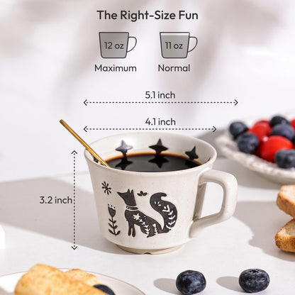 LINVIA Ceramic Coffee Mug, 11 oz Small Novelty Unique Teacup with Handle, Stoneware Cup for Tea Mocha Latte Cappuccino (Set of 4, Fox and Bear)
