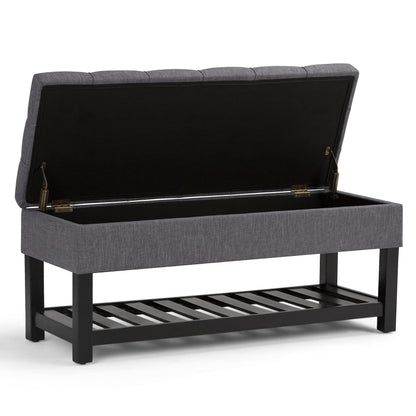 SIMPLIHOME Saxon Storage Ottoman Bench - 43 inch Wide Upholstered Linen Look Fabric Rectangle Storage Ottoman in Slate Grey, Transitional Bench for Bedroom with Tufted Lift-Top and Open Bottom Shelf