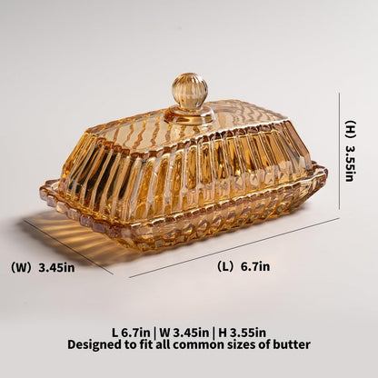 Champagne Color Glass Butter Dish with Lid, Covered Butter Stick Holder Tray, Crystal Glass Butter Storage Container for Kitchen Countertop