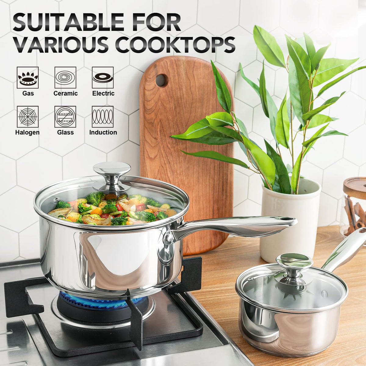 MICHELANGELO Stainless Steel Saucepan Set with Lids 1QT & 2QT & 3QT, Stainless Steel Sauce Pot Set 6pcs, Induction Saucepans, Nonstick Sauce Pan Set, Dishwasher Safe