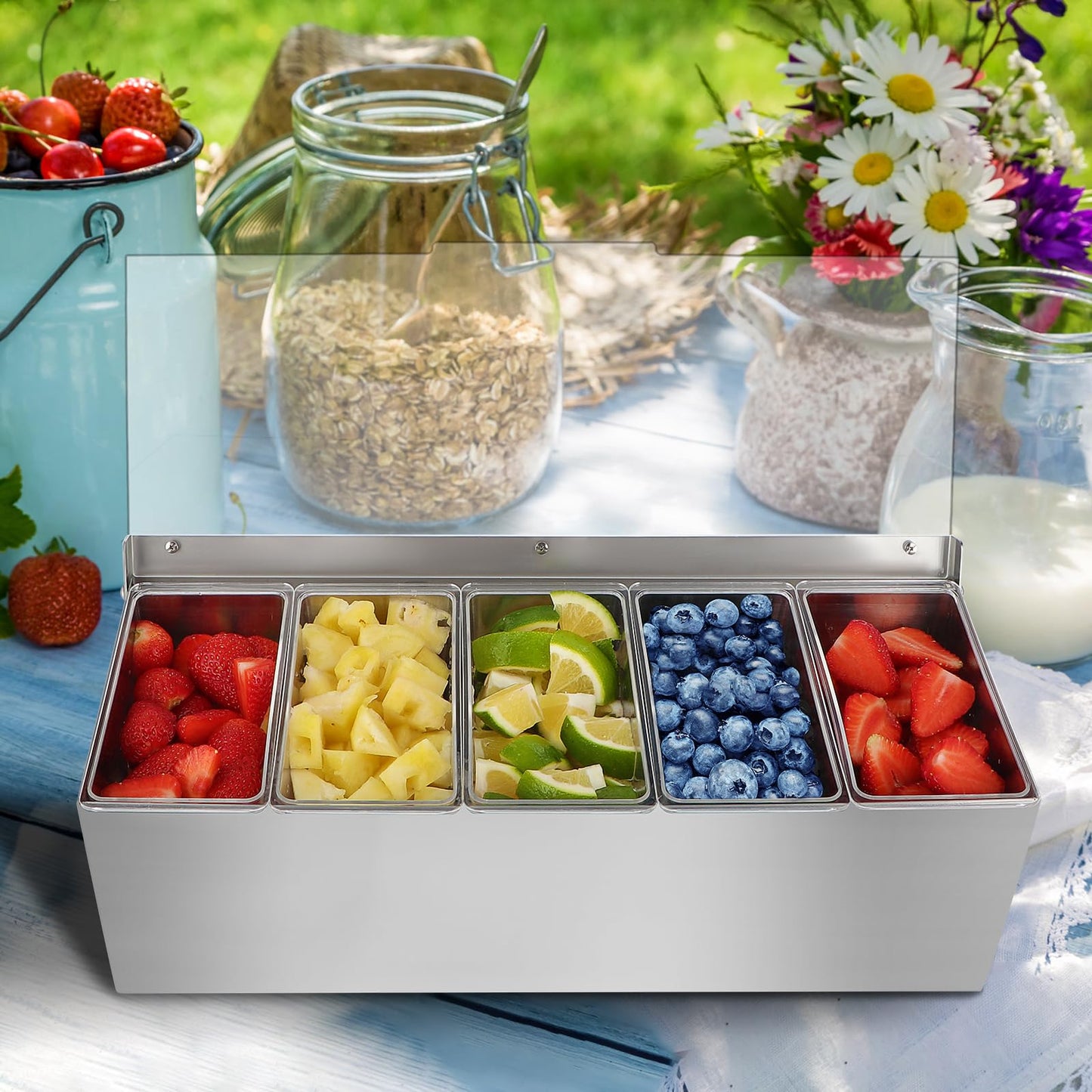 MOLIGOU Chilled Condiment Server, Stainless Steel Chilled Condiment Tray with Lid, Ice Fruit Serving Containers with 5 Removable Compartments