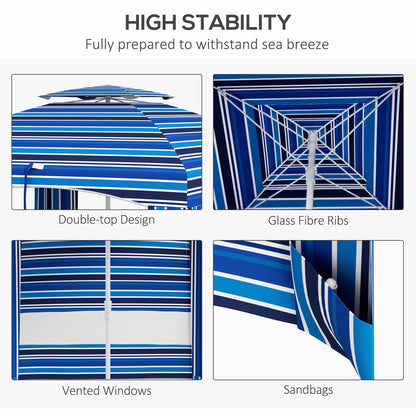 leoglint 5.8' x 5.8' Portable Beach Outdoor Umbrella with Double-Top, Ruffled Outdoor Cabana with Walls, Vents, Sandbags, Carry Bag, Blue Stripe