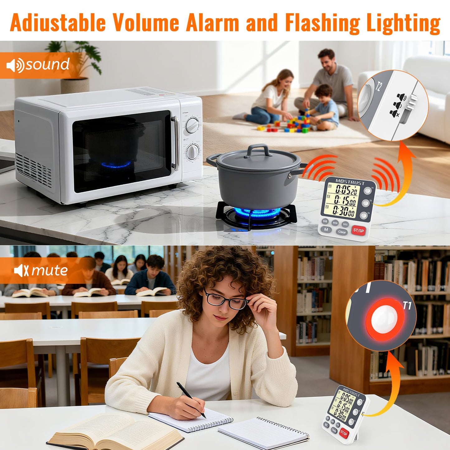 MOSTRUST Digital Dual Kitchen Timer, 3 Channels Countdown Triple Timer for Cooking, Magnetic Memory-Preset Large Display Adjustable Alarm Volume, Multi Times Management, 3A Battery Included, White